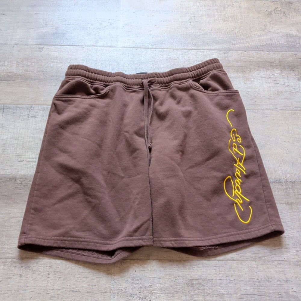 Ed Hardy Brown Fleece Sweats Shorts Men's Size L Embroidered Yellow Logo